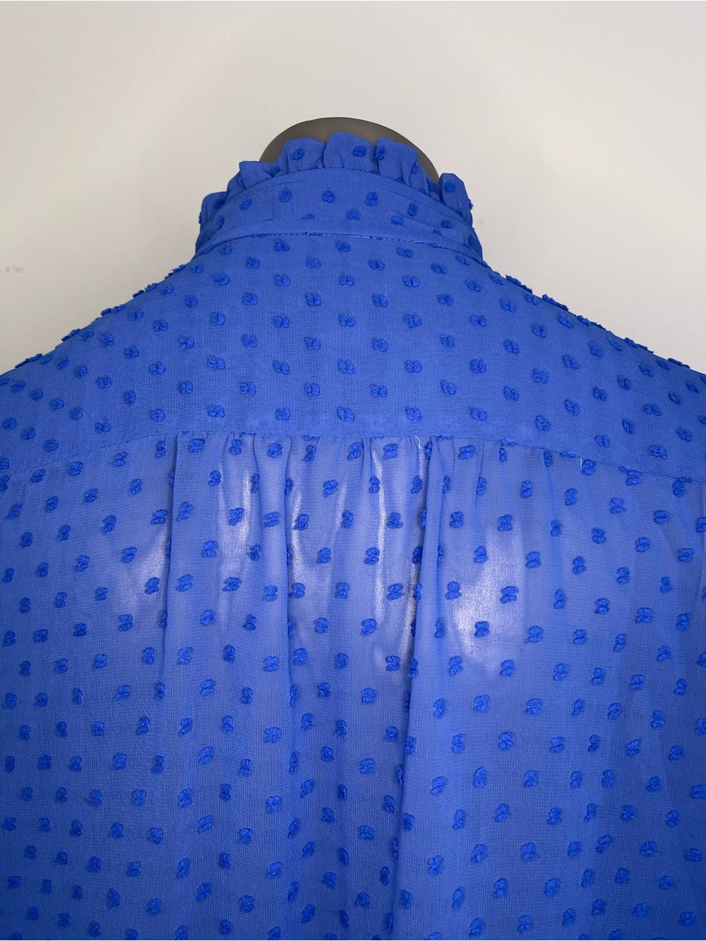 J. Crew Blouse 12 Blue Sheer Swiss Dot Ruffle High-Neck Keyhole Long Sleeve - Picture 7 of 10